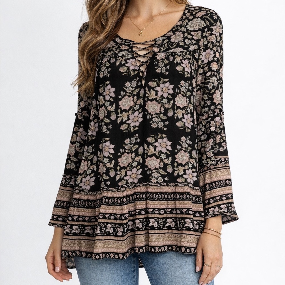 American Eagle Outfitters Black‎ Pink Floral Boho Fairycore blouse small Viscose